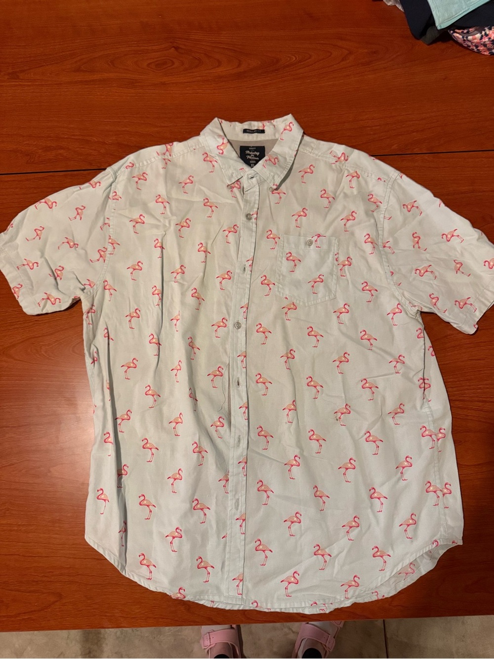 Casual Short-Sleeve Flamingo Print Button-Down Shirt - Light Mint/Coral